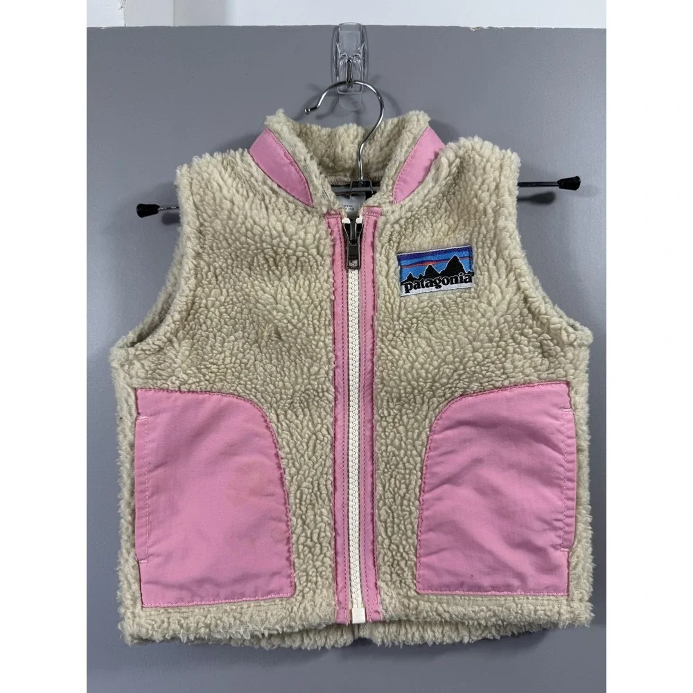 Patagonia Vest Baby 3-6 Months Beige Pink Fleece Sherpa Full Zip Girls Logo